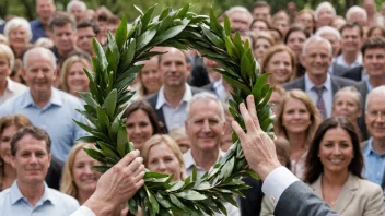 En person mottar en laurbærkrans som symbol på ære og prestasjon.