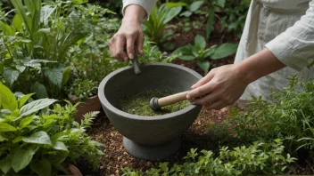 En person som praktiserer herbalisme, omgitt av ulike urter og planter.