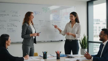 En gruppe mennesker i et møterom, smiler og diskuterer, med en whiteboard i bakgrunnen med notater og ideer for å forbedre arbeidsmiljøet.