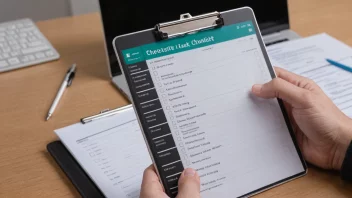 En person som holder en clipboard med en sjekkliste, med en dataskjerm i bakgrunnen som viser en liste over funksjoner eller oppgaver.