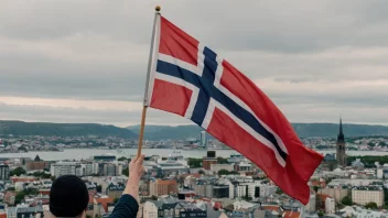 En person som holder et norsk flagg, med en bysilhuett i bakgrunnen, som representerer støtten som folketrygdtilskuddet gir.