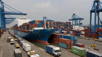 Et containerfartøy som losser møbler og husholdningsartikler i en havn.