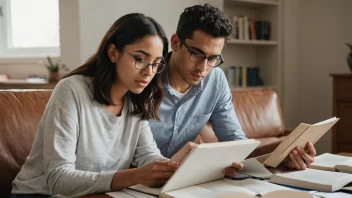 En person som studerer med en partner, begge ser på en bok eller laptop sammen, i et stille og komfortabelt miljø