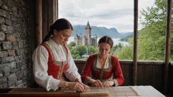 En tradisjonell norsk hoffsnekke i arbeid, syr eller vever klær for kongefamilien.