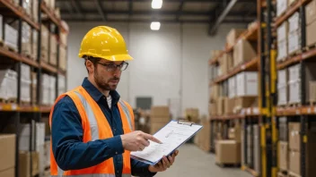 En person på en arbeidsplass, med en hjelm og en sjekkliste, med en bakgrunn av maskiner og utstyr.