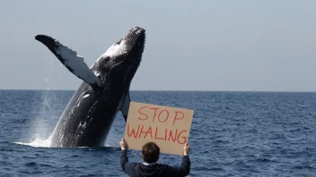 En person som protesterer mot hvalfangst foran en hval i havet.