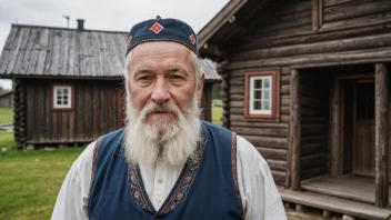 En eldre mann med et vennlig ansikt og et langt hvitt skjegg, kledd i tradisjonelle norske klær.