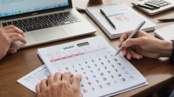 En person som arbeider på en kalkulator med papirer og en laptop i nærheten, med en kalender i bakgrunnen som viser slutten av året.