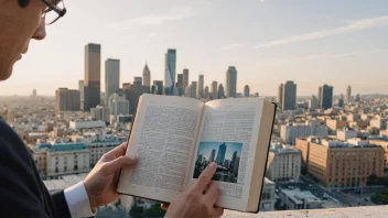 En person leser en bok med en by i bakgrunnen, som symboliserer studiet av lover og regler om overnatting.