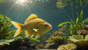 En gullforgylt fisk som svømmer i ferskvann, omgitt av akvatiske planter og en solfylt himmel.