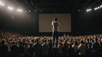 En person som står på en scene og holder en motiverende tale til en folkemengde.