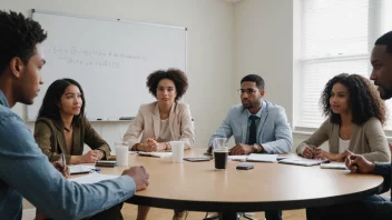 En gruppe mennesker fra ulike etniske bakgrunner samlet rundt et bord, engasjert i en diskusjon, med en whiteboard eller skjerm i bakgrunnen som viser en nettside eller forum.