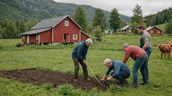 En gård i et landlig norsk landskap med mennesker som arbeider sammen.