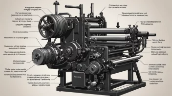 En stor, industriell trykkemaskin med ruller, blekk og papirfôr
