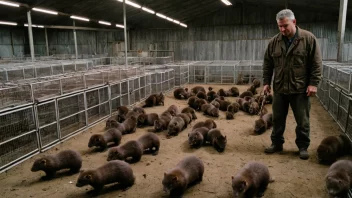 En minkfarm med rader av bur og en bonde som arbeider i bakgrunnen