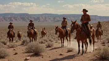 En scene fra en klassisk westernfilm med cowboys og hester i det ville vesten