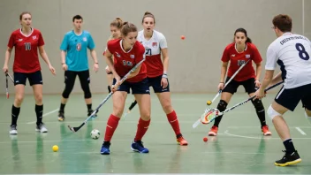 En gruppe mennesker som spiller innebandy sammen, med et norsk flagg i bakgrunnen.