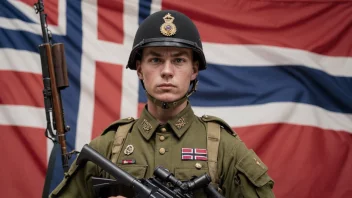 En norsk garderegimentsoldat i uniform, med rifle og alvorlig uttrykk, stående foran et norsk flagg.