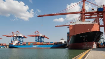 En distribusjonshavn med et stort lasteskip og containere.