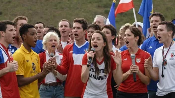 En gruppe mennesker synger en idrettssang sammen, med idrettsutstyr og flagg i bakgrunnen.