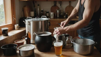 En hjemmebrygger i arbeid, omgitt av nødvendig utstyr og ingredienser.