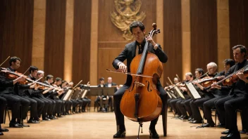 En cellist som spiller cello i en vakker konsertsal med et stort piano i bakgrunnen