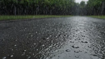 Et bilde av regn som faller fra himmelen, med regndråper som treffer bakken og skaper vannpytter.