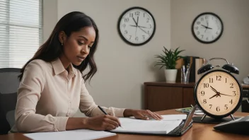 En person som sitter ved et skrivebord med en laptop og papirer, med en klokke på veggen bak dem.