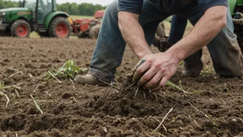 En person som arbeider i et felt, med en traktor i bakgrunnen