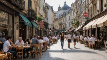 En livlig gågate med butikker og restauranter, mennesker går og sitter på uteserveringer.