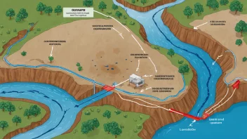 En illustrasjon av grunnvannsstrøm og forurensning, som viser hvordan forurensninger kan komme inn i grunnvannet og påvirke miljøet.