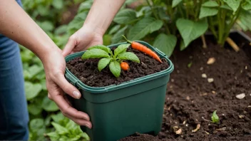 En person som komposterer matavfall hjemme, med en frodig plante i bakgrunnen.