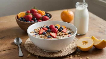 En skål med müsli, melk og frukt på et trebord i et lyst og luftig rom.