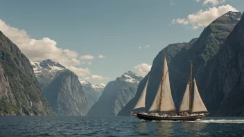 En båt seiler på en rolig fjord med majestetiske fjell i bakgrunnen.