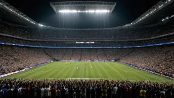 Et sportsstadion fylt med begeistrede tilskuere som ser på finalen i en turnering.