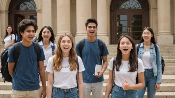 En gruppe studenter som står foran en universitetsbygning, ser eksitert og ivrige etter å starte studiene sine.