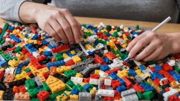 En person som arbeider på et komplekst LEGO-prosjekt