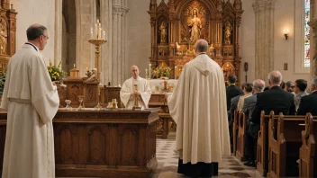 En søndagsmesse i en kirke med en prest som står ved alteret og en menighet som sitter i kirkebenkene.