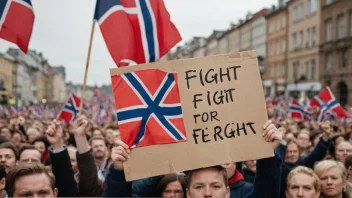 En person som holder et skilt med et norsk flagg, med en bysilhuett i bakgrunnen.