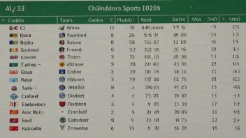 En resultattabell som viser stillingen til ulike idrettslag.