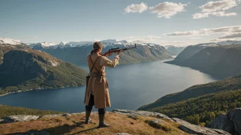 En person i tradisjonell norsk klesdrakt, som holder en rifle og står i en skytestilling, med et naturskjønt norsk landskap i bakgrunnen.