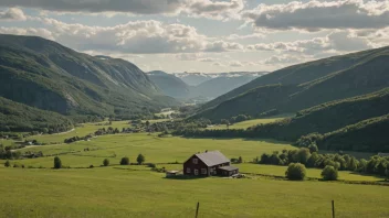 Et idyllisk norsk landskap med en gård eller et hus i bakgrunnen.