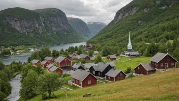 En ruralbygd i Norge med tradisjonelle trehus og en kirke.