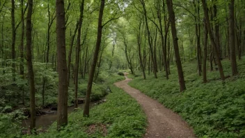 En fredelig skog med en elv som renner gjennom og en svingete sti langs elvebredden