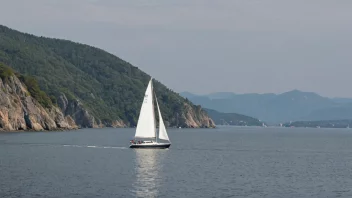 En seilbåt seiler gjennom rolige vann med en pittoresk kystlinje i bakgrunnen