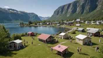 Et sommerhusmarked i Norge, med mennesker som går rundt og sommerhus på utstilling.