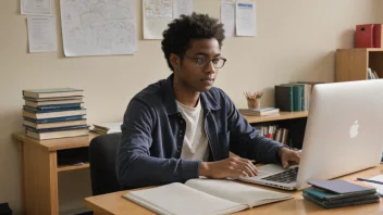 En universitetsstudent som arbeider ved et skrivebord.