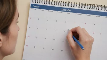 En person som sitter ved et skrivebord med en kalender, planlegger og fastsetter datoer.