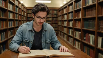 En person som studerer lokalhistorie i et bibliotek med gamle bøker og dokumenter