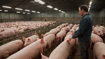 En stor svinefarm med mange griser og en bonde i bakgrunnen